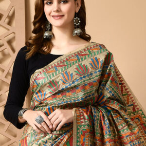 Izma Bhagalpuri Handloom Tussar Gicha Silk Saree with Madhubani Hand Painting | Pure Silk Mark Certified | Traditional Handcrafted Saree