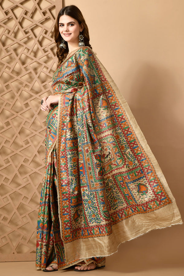 Izma Bhagalpuri Handloom Tussar Gicha Silk Saree with Madhubani Hand Painting | Pure Silk Mark Certified | Traditional Handcrafted Saree - Image 7