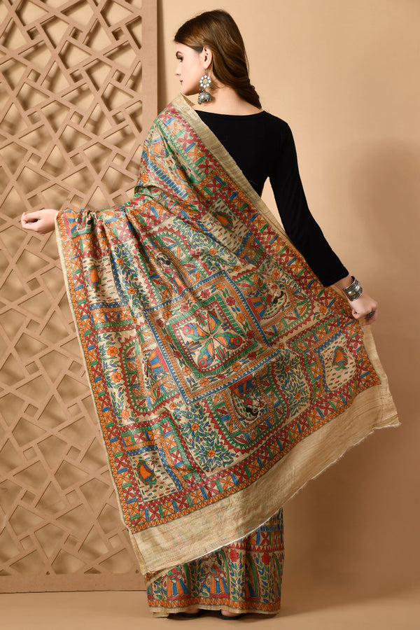 Izma Bhagalpuri Handloom Tussar Gicha Silk Saree with Madhubani Hand Painting | Pure Silk Mark Certified | Traditional Handcrafted Saree - Image 3