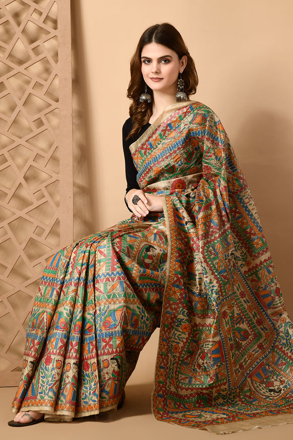 Izma Bhagalpuri Handloom Tussar Gicha Silk Saree with Madhubani Hand Painting | Pure Silk Mark Certified | Traditional Handcrafted Saree - Image 4