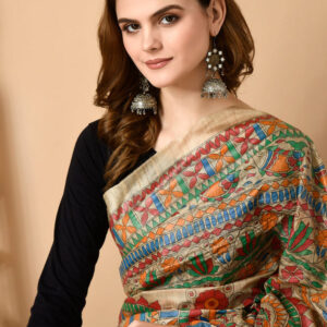 Izma Bhagalpuri Handloom Tussar Gicha Silk Saree with Madhubani Hand Painting | Pure Silk Mark Certified | Traditional Handcrafted Saree