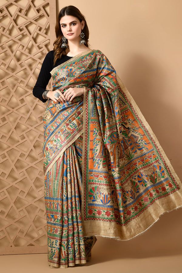 Izma | Bhagalpuri Handloom Tussar Gicha Silk Saree with Madhubani Hand Painting | Pure Silk Mark Certified | Traditional Handcrafted Saree - Image 3