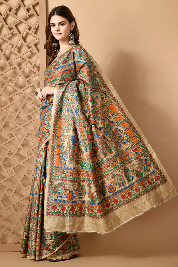 Izma | Bhagalpuri Handloom Tussar Gicha Silk Saree with Madhubani Hand Painting | Pure Silk Mark Certified | Traditional Handcrafted Saree - Image 5