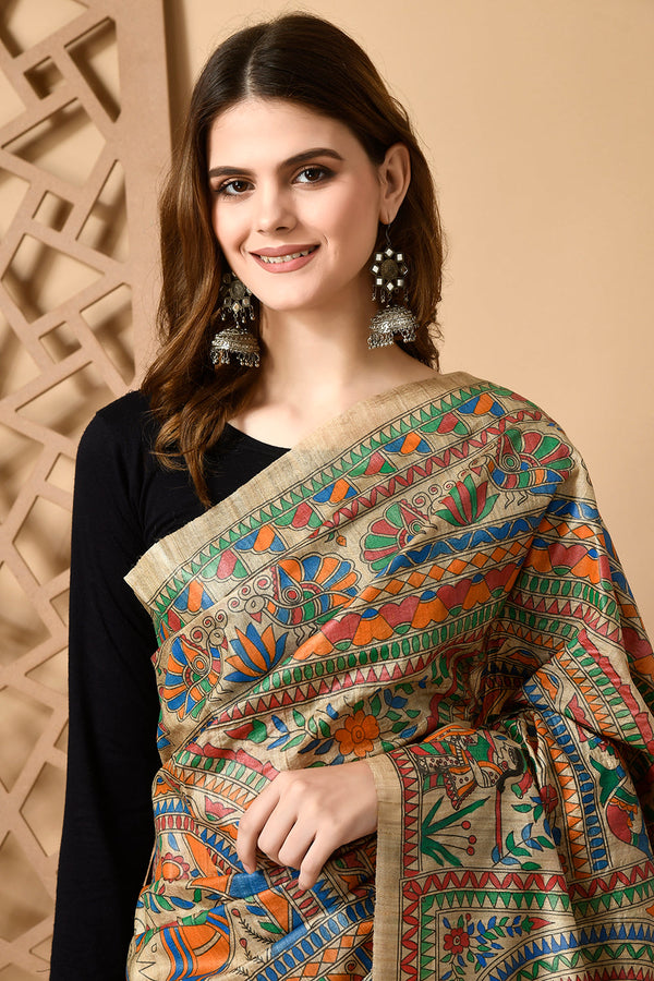 Izma | Bhagalpuri Handloom Tussar Gicha Silk Saree with Madhubani Hand Painting | Pure Silk Mark Certified | Traditional Handcrafted Saree