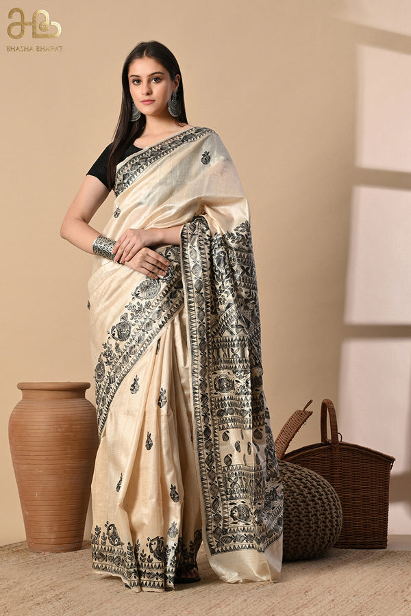 Izma Bhagalpuri Handloom Tussar Gicha Silk Saree with Madhubani Hand Painting | Pure Silk Mark Certified | Traditional Handcrafted Saree - Image 7