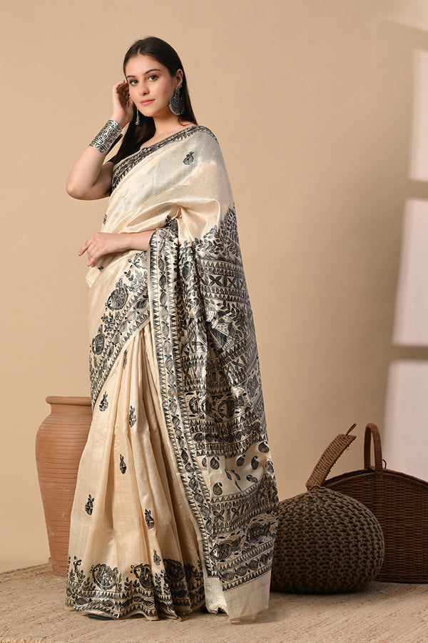 Izma Bhagalpuri Handloom Tussar Gicha Silk Saree with Madhubani Hand Painting | Pure Silk Mark Certified | Traditional Handcrafted Saree - Image 4