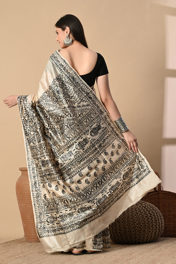 Izma Bhagalpuri Handloom Tussar Gicha Silk Saree with Madhubani Hand Painting | Pure Silk Mark Certified | Traditional Handcrafted Saree - Image 3