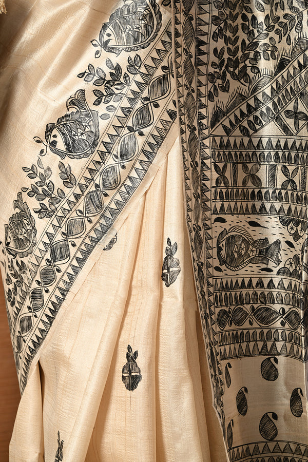 Izma Bhagalpuri Handloom Tussar Gicha Silk Saree with Madhubani Hand Painting | Pure Silk Mark Certified | Traditional Handcrafted Saree - Image 8