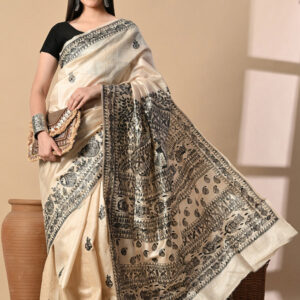 Izma Bhagalpuri Handloom Tussar Gicha Silk Saree with Madhubani Hand Painting | Pure Silk Mark Certified | Traditional Handcrafted Saree