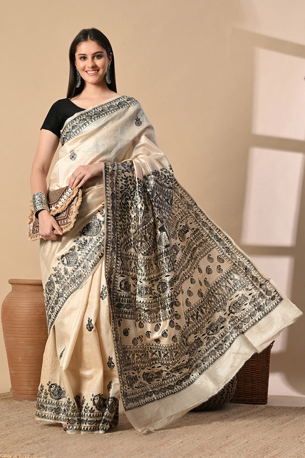 Izma Bhagalpuri Handloom Tussar Gicha Silk Saree with Madhubani Hand Painting | Pure Silk Mark Certified | Traditional Handcrafted Saree
