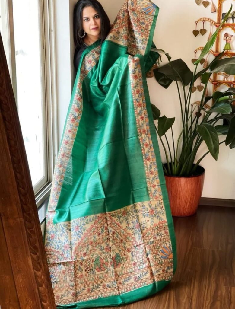 Izma | Bhagalpuri Handloom Tussar Gicha Silk Saree with Madhubani Screen Print | Pure Silk Mark Certified | Traditional Handcrafted Saree