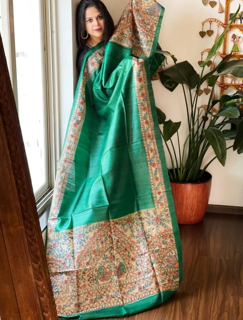 Izma | Bhagalpuri Handloom Tussar Gicha Silk Saree with Madhubani Screen Print | Pure Silk Mark Certified | Traditional Handcrafted Saree