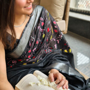 Izma | Slub Linen Saree with Hand Embroidery Work | Running Unstitched Blouse | Lightweight Trending Ethnic Saree