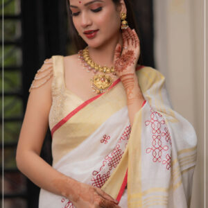 Izma | Slub Linen Saree with Hand Embroidery Work | Running Unstitched Blouse | Lightweight Trending Ethnic Saree