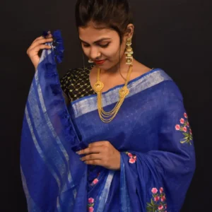 Izma | Slub Linen Saree with Hand Embroidery Work | Running Unstitched Blouse | Lightweight Trending Ethnic Saree